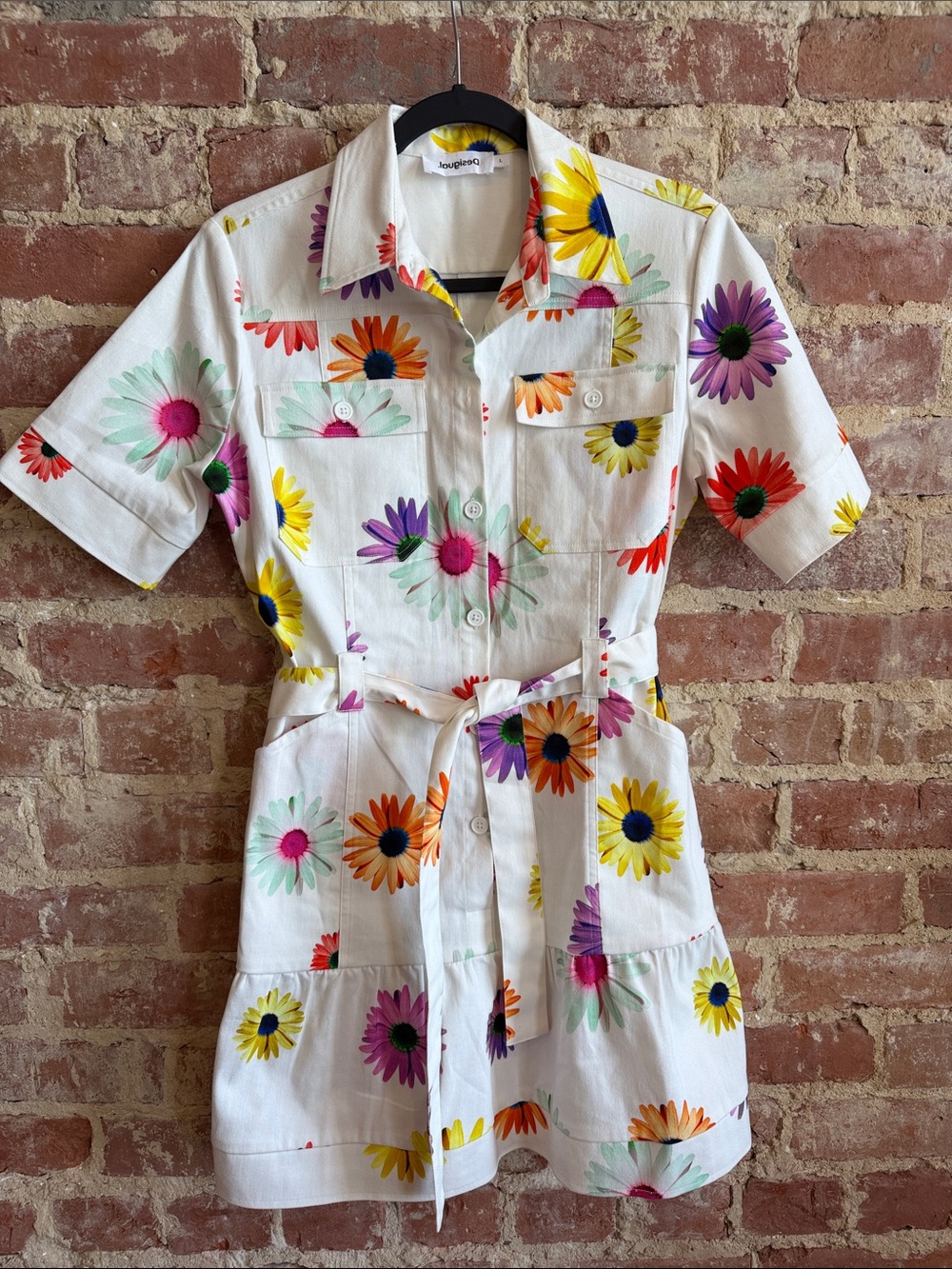 Desigual White Shirt with Bright Yellow and Blue Floral Accent